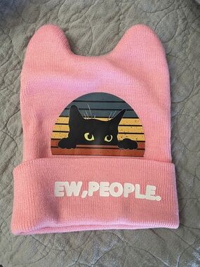 Ew, People. Pink Cat-Ear Beanie with Peekaboo Black Cat Graphic